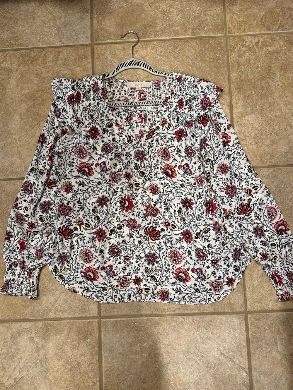 LOFT White Blouse with Red Floral Print and Black Accents